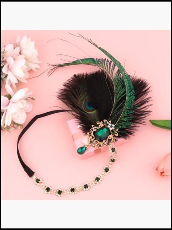 Peacock Feather Flapper Headband Vintage 1920s Sequin Mardi Gras Gatsby Hair main image 6